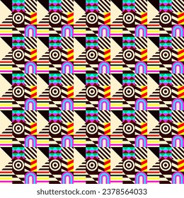 Retro futuristic vector pattern with geometric shapes. Simple form and a figure. Colorful Bauhaus background. Vintage graphics from 1980. 70s, 80s, 90s stile. Abstract design in the Scandinavian style