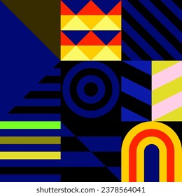 Retro futuristic vector pattern with geometric shapes. Simple form and a figure. Colorful Bauhaus background. Vintage graphics from 1980. 70s, 80s, 90s stile. Abstract design in the Scandinavian style