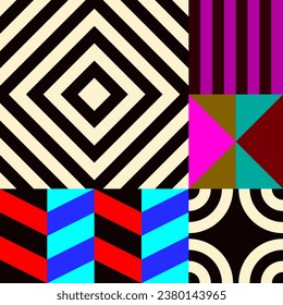 Retro futuristic vector pattern with geometric shapes. Simple form and a figure. Colorful Bauhaus background. Vintage graphics from 1980. 70s, 80s, 90s stile. Abstract design in the Scandinavian style