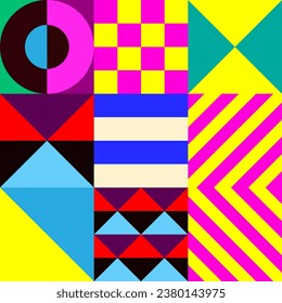Retro futuristic vector pattern with geometric shapes. Simple form and a figure. Colorful Bauhaus background. Vintage graphics from 1980. 70s, 80s, 90s stile. Abstract design in the Scandinavian style