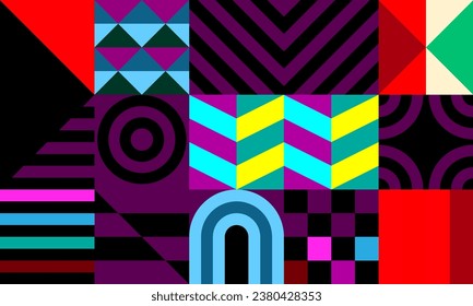 Retro futuristic vector pattern with geometric shapes. Simple form and a figure. Colorful Bauhaus background. Vintage graphics from 1980. 70s, 80s, 90s stile. Abstract design in the Scandinavian style