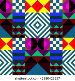 Retro futuristic vector pattern with geometric shapes. Simple form and a figure. Colorful Bauhaus background. Vintage graphics from 1980. 70s, 80s, 90s stile. Abstract design in the Scandinavian style