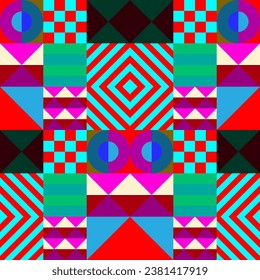 Retro futuristic vector pattern with geometric shapes. Simple form and a figure. Colorful Bauhaus background. Vintage graphics from 1980. 70s, 80s, 90s stile. Abstract design in the Scandinavian style