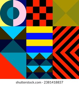 Retro futuristic vector pattern with geometric shapes. Simple form and a figure. Colorful Bauhaus background. Vintage graphics from 1980. 70s, 80s, 90s stile. Abstract design in the Scandinavian style