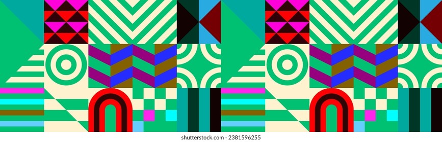 Retro futuristic vector pattern with geometric shapes. Simple form and a figure. Colorful Bauhaus background. Vintage graphics from 1980. 70s, 80s, 90s stile. Abstract design in the Scandinavian style