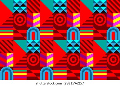Retro futuristic vector pattern with geometric shapes. Simple form and a figure. Colorful Bauhaus background. Vintage graphics from 1980. 70s, 80s, 90s stile. Abstract design in the Scandinavian style