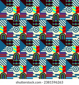 Retro futuristic vector pattern with geometric shapes. Simple form and a figure. Colorful Bauhaus background. Vintage graphics from 1980. 70s, 80s, 90s stile. Abstract design in the Scandinavian style