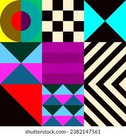 Retro futuristic vector pattern with geometric shapes. Simple form and a figure. Colorful Bauhaus background. Vintage graphics from 1980. 70s, 80s, 90s stile. Abstract design in the Scandinavian style