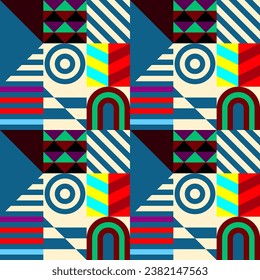 Retro futuristic vector pattern with geometric shapes. Simple form and a figure. Colorful Bauhaus background. Vintage graphics from 1980. 70s, 80s, 90s stile. Abstract design in the Scandinavian style