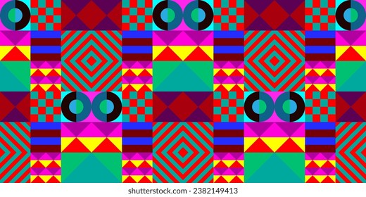Retro futuristic vector pattern with geometric shapes. Simple form and a figure. Colorful Bauhaus background. Vintage graphics from 1980. 70s, 80s, 90s stile. Abstract design in the Scandinavian style