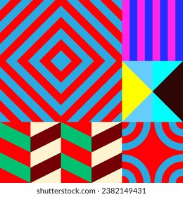 Retro futuristic vector pattern with geometric shapes. Simple form and a figure. Colorful Bauhaus background. Vintage graphics from 1980. 70s, 80s, 90s stile. Abstract design in the Scandinavian style