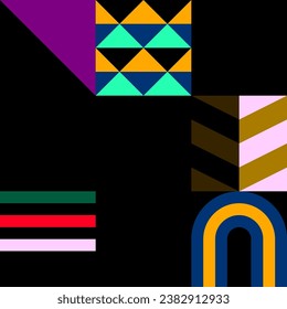 Retro futuristic vector pattern with geometric shapes. Simple form and a figure. Colorful Bauhaus background. Vintage graphics from 1980. 70s, 80s, 90s stile. Abstract design in the Scandinavian style
