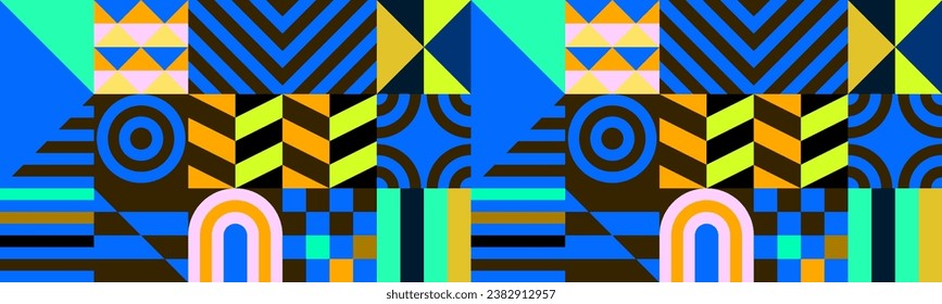 Retro futuristic vector pattern with geometric shapes. Simple form and a figure. Colorful Bauhaus background. Vintage graphics from 1980. 70s, 80s, 90s stile. Abstract design in the Scandinavian style