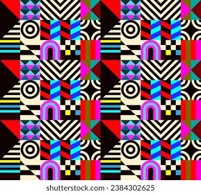 Retro futuristic vector pattern with geometric shapes. Simple form and a figure. Colorful Bauhaus background. Vintage graphics from 1980. 70s, 80s, 90s stile. Abstract design in the Scandinavian style