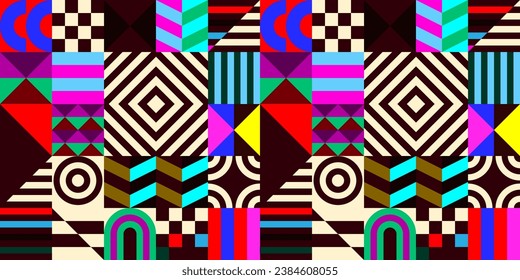 Retro futuristic vector pattern with geometric shapes. Simple form and a figure. Colorful Bauhaus background. Vintage graphics from 1980. 70s, 80s, 90s stile. Abstract design in the Scandinavian style