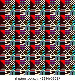 Retro futuristic vector pattern with geometric shapes. Simple form and a figure. Colorful Bauhaus background. Vintage graphics from 1980. 70s, 80s, 90s stile. Abstract design in the Scandinavian style