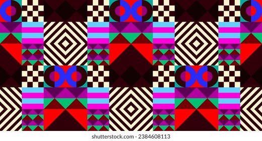 Retro futuristic vector pattern with geometric shapes. Simple form and a figure. Colorful Bauhaus background. Vintage graphics from 1980. 70s, 80s, 90s stile. Abstract design in the Scandinavian style