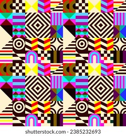 Retro futuristic vector pattern with geometric shapes. Simple form and a figure. Colorful Bauhaus background. Vintage graphics from 1980. 70s, 80s, 90s stile. Abstract design in the Scandinavian style