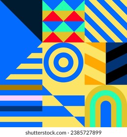 Retro futuristic vector pattern with geometric shapes. Simple form and a figure. Colorful Bauhaus background. Vintage graphics from 1980. 70s, 80s, 90s stile. Abstract design in the Scandinavian style