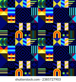 Retro futuristic vector pattern with geometric shapes. Simple form and a figure. Colorful Bauhaus background. Vintage graphics from 1980. 70s, 80s, 90s stile. Abstract design in the Scandinavian style