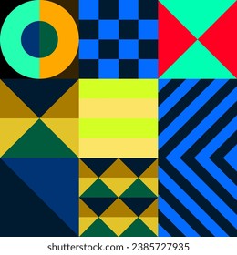 Retro futuristic vector pattern with geometric shapes. Simple form and a figure. Colorful Bauhaus background. Vintage graphics from 1980. 70s, 80s, 90s stile. Abstract design in the Scandinavian style