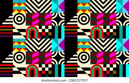 Retro futuristic vector pattern with geometric shapes. Simple form and a figure. Colorful Bauhaus background. Vintage graphics from 1980. 70s, 80s, 90s stile. Abstract design in the Scandinavian style