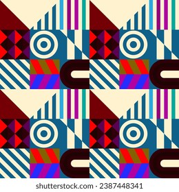 Retro futuristic vector pattern with geometric shapes. Simple form and a figure. Colorful Bauhaus background. Vintage graphics from 1980. 70s, 80s, 90s stile. Abstract design in the Scandinavian style