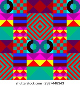 Retro futuristic vector pattern with geometric shapes. Simple form and a figure. Colorful Bauhaus background. Vintage graphics from 1980. 70s, 80s, 90s stile. Abstract design in the Scandinavian style