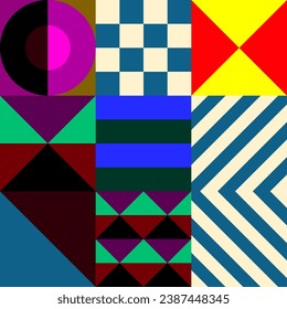 Retro futuristic vector pattern with geometric shapes. Simple form and a figure. Colorful Bauhaus background. Vintage graphics from 1980. 70s, 80s, 90s stile. Abstract design in the Scandinavian style