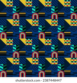 Retro futuristic vector pattern with geometric shapes. Simple form and a figure. Colorful Bauhaus background. Vintage graphics from 1980. 70s, 80s, 90s stile. Abstract design in the Scandinavian style