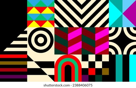 Retro futuristic vector pattern with geometric shapes. Simple form and a figure. Colorful Bauhaus background. Vintage graphics from 1980. 70s, 80s, 90s stile. Abstract design in the Scandinavian style