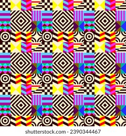 Retro futuristic vector pattern with geometric shapes. Simple form and a figure. Colorful Bauhaus background. Vintage graphics from 1980. 70s, 80s, 90s stile. Abstract design in the Scandinavian style