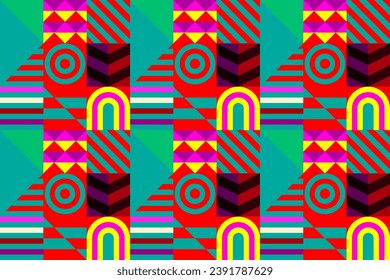 Retro futuristic vector pattern with geometric shapes. Simple form and a figure. Colorful Bauhaus background. Vintage graphics from 1980. 70s, 80s, 90s stile. Abstract design in the Scandinavian style