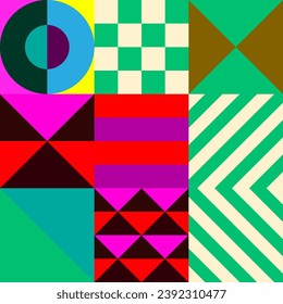 Retro futuristic vector pattern with geometric shapes. Simple form and a figure. Colorful Bauhaus background. Vintage graphics from 1980. 70s, 80s, 90s stile. Abstract design in the Scandinavian style
