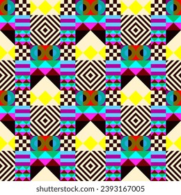 Retro futuristic vector pattern with geometric shapes. Simple form and a figure. Colorful Bauhaus background. Vintage graphics from 1980. 70s, 80s, 90s stile. Abstract design in the Scandinavian style