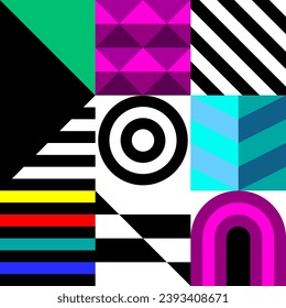 Retro futuristic vector pattern with geometric shapes. Simple form and a figure. Colorful Bauhaus background. Vintage graphics from 1980. 70s, 80s, 90s stile. Abstract design in the Scandinavian style
