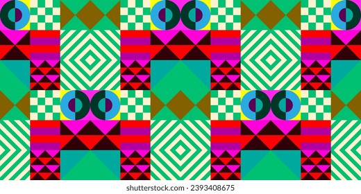 Retro futuristic vector pattern with geometric shapes. Simple form and a figure. Colorful Bauhaus background. Vintage graphics from 1980. 70s, 80s, 90s stile. Abstract design in the Scandinavian style