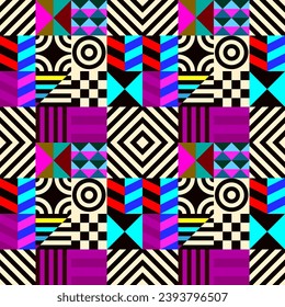 Retro futuristic vector pattern with geometric shapes. Simple form and a figure. Colorful Bauhaus background. Vintage graphics from 1980. 70s, 80s, 90s stile. Abstract design in the Scandinavian style