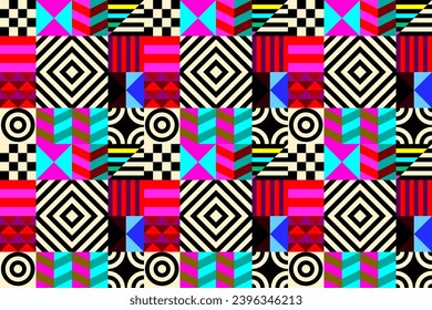 Retro futuristic vector pattern with geometric shapes. Simple form and a figure. Colorful Bauhaus background. Vintage graphics from 1980. 70s, 80s, 90s stile. Abstract design in the Scandinavian style