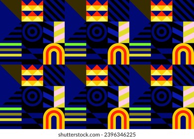 Retro futuristic vector pattern with geometric shapes. Simple form and a figure. Colorful Bauhaus background. Vintage graphics from 1980. 70s, 80s, 90s stile. Abstract design in the Scandinavian style