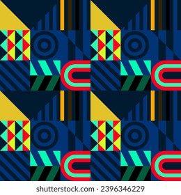 Retro futuristic vector pattern with geometric shapes. Simple form and a figure. Colorful Bauhaus background. Vintage graphics from 1980. 70s, 80s, 90s stile. Abstract design in the Scandinavian style