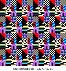 Retro futuristic vector pattern with geometric shapes. Simple form and a figure. Colorful Bauhaus background. Vintage graphics from 1980. 70s, 80s, 90s stile. Abstract design in the Scandinavian style
