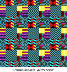 Retro futuristic vector pattern with geometric shapes. Simple form and a figure. Colorful Bauhaus background. Vintage graphics from 1980. 70s, 80s, 90s stile. Abstract design in the Scandinavian style