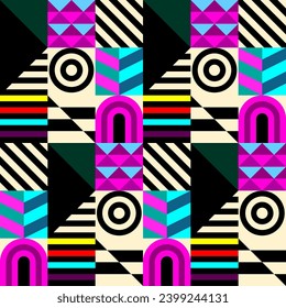 Retro futuristic vector pattern with geometric shapes. Simple form and a figure. Colorful Bauhaus background. Vintage graphics from 1980. 70s, 80s, 90s stile. Abstract design in the Scandinavian style