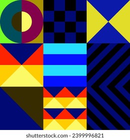 Retro futuristic vector pattern with geometric shapes. Simple form and a figure. Colorful Bauhaus background. Vintage graphics from 1980. 70s, 80s, 90s stile. Abstract design in the Scandinavian style