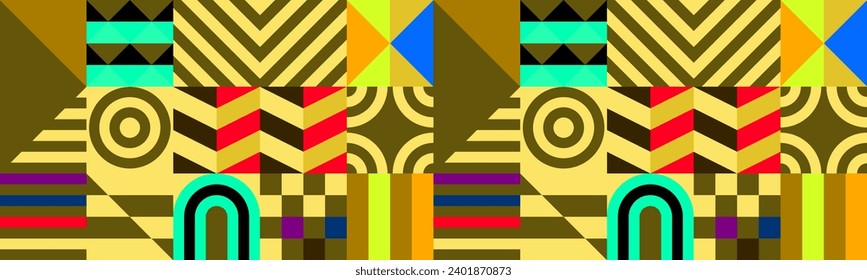 Retro futuristic vector pattern with geometric shapes. Simple form and a figure. Colorful Bauhaus background. Vintage graphics from 1980. 70s, 80s, 90s stile. Abstract design in the Scandinavian style