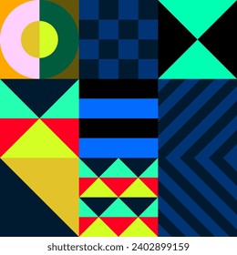 Retro futuristic vector pattern with geometric shapes. Simple form and a figure. Colorful Bauhaus background. Vintage graphics from 1980. 70s, 80s, 90s stile. Abstract design in the Scandinavian style