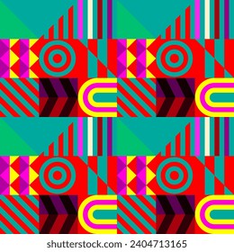 Retro futuristic vector pattern with geometric shapes. Simple form and a figure. Colorful Bauhaus background. Vintage graphics from 1980. 70s, 80s, 90s stile. Abstract design in the Scandinavian style