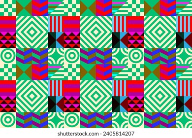 Retro futuristic vector pattern with geometric shapes. Simple form and a figure. Colorful Bauhaus background. Vintage graphics from 1980. 70s, 80s, 90s stile. Abstract design in the Scandinavian style