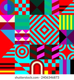 Retro futuristic vector pattern with geometric shapes. Simple form and a figure. Colorful Bauhaus background. Vintage graphics from 1980. 70s, 80s, 90s stile. Abstract design in the Scandinavian style